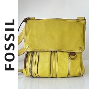 Fossil Morgan Traveler Yellow Pebbled Leather Crossbody Organizer Messenger Bag